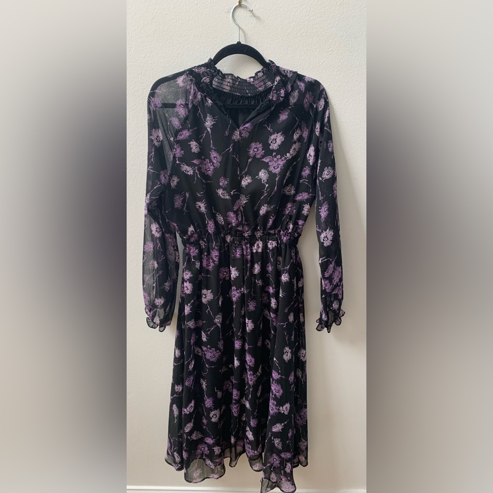 SZ S Aqua Black/Purple  Long Sleeve Floral Print Midi Dress - Picture 2 of 9